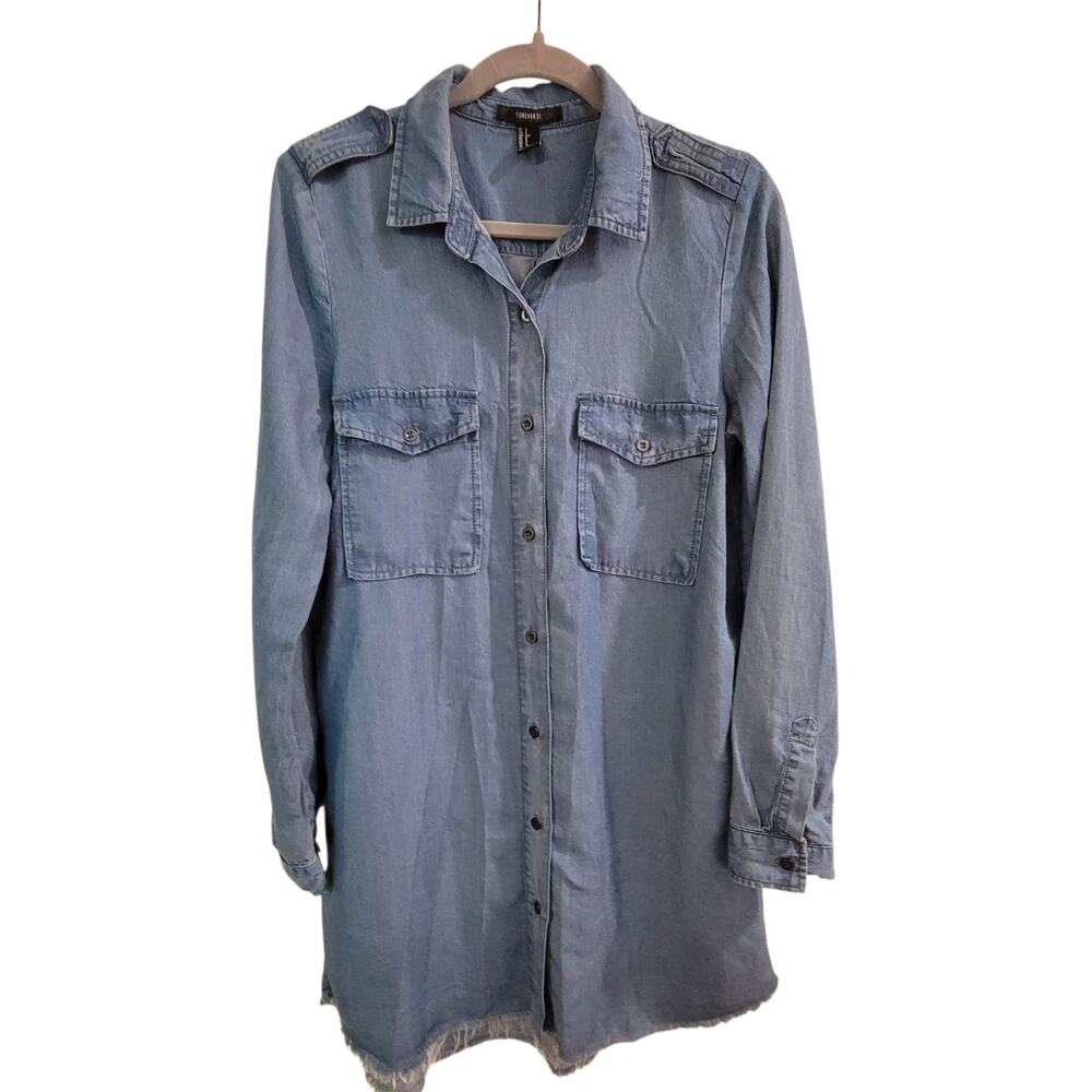 Forever 21 Chambray Denim Look Shirt Dress Size S Boho Western Raw Hem